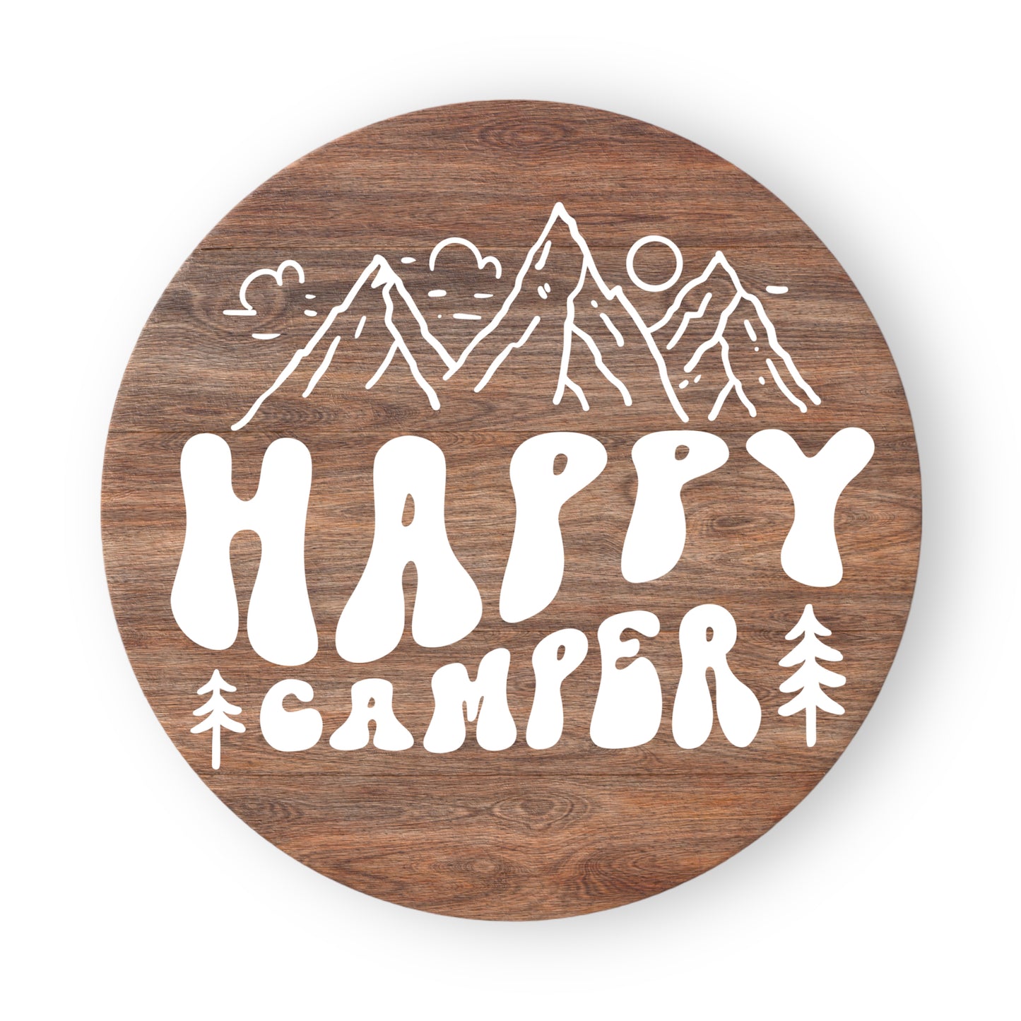 "Happy Camper" Mountain Scene 18" Round Layered Wood Sign